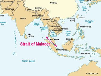 Malakos sąsiauris žemėlapyje (pažymėta raudona rodykle)