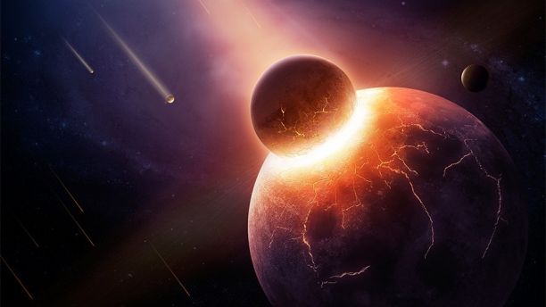 Earth destroyed in collision - 3D artwork illustration of planetary
