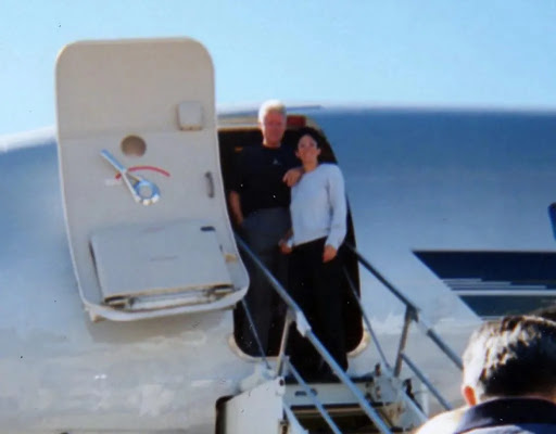 Bill Clinton and Ghislaine Maxwell pose at the door of Epstein’s priva