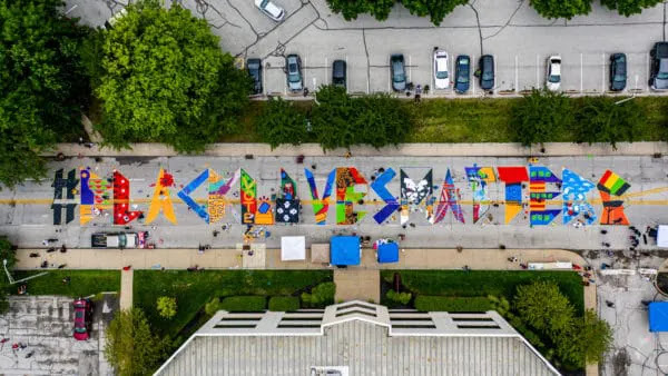 The Black Lives Matter mural runs on a stretch of Indiana Avenue betwe