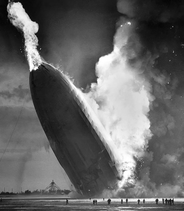 The hydrogen-filled Hindenberg airship destroyed by fire in 1937.