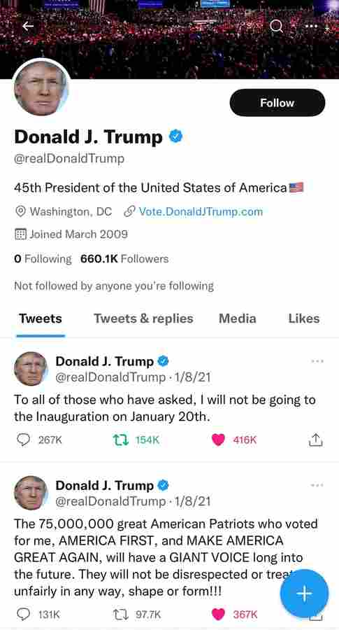 Donaldo Trumpo užblokuota „Twitter“ paskyra vėl įjunkta