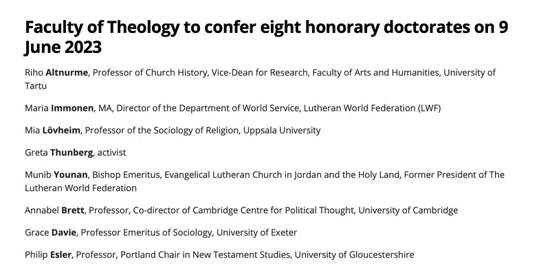 Gretai Thunberg suteikė teologijos garbės daktaro laipsnį