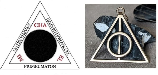 Iš kairės į dešinę: Saliamono stebuklingasis trikampis ir Mirties kerų