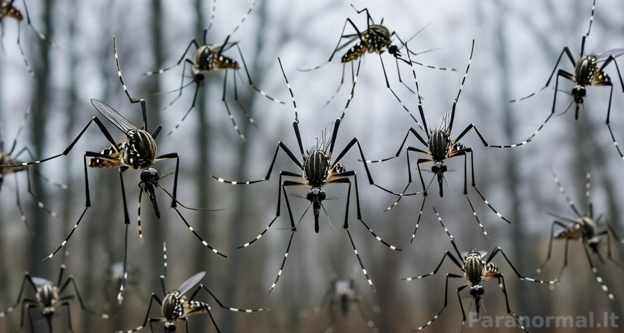 Uodai žiemą slepiasi diapauzėje: vaizdas į snieguotus miškus su uodų lervomis vandenyje