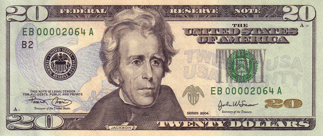 Endrius Džeksonas ant 20 dolerių kupiūros